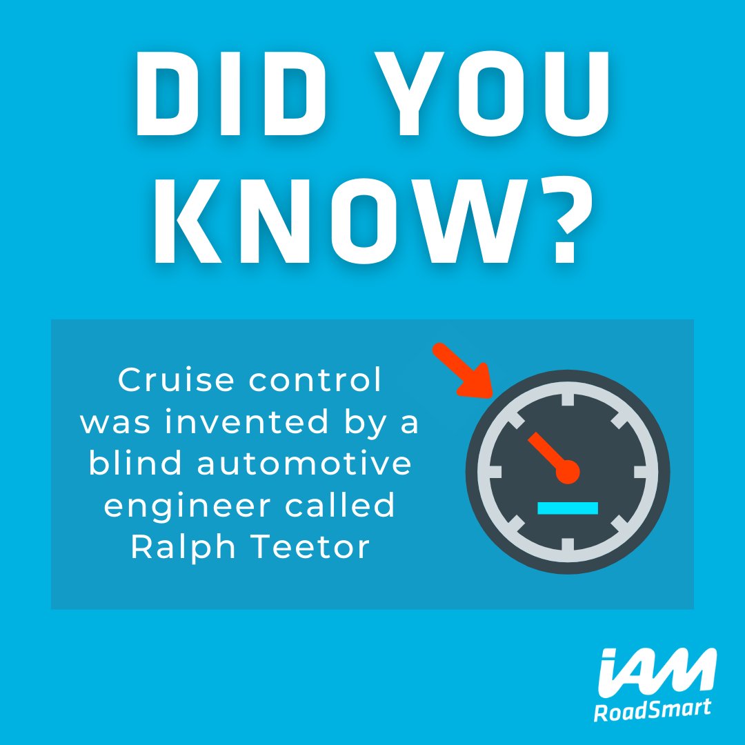 IAMRoadSmart's tweet photo. Did you know? Cruise control was invented by a blind automotive engineer called Ralph Teetor who noticed that his driver would slow down when talking and speed up when listening. In response Teetor began working on an automotive speed control device. https://t.co/Hkn43H6BRT https://t.co/EndCs3Ic0o