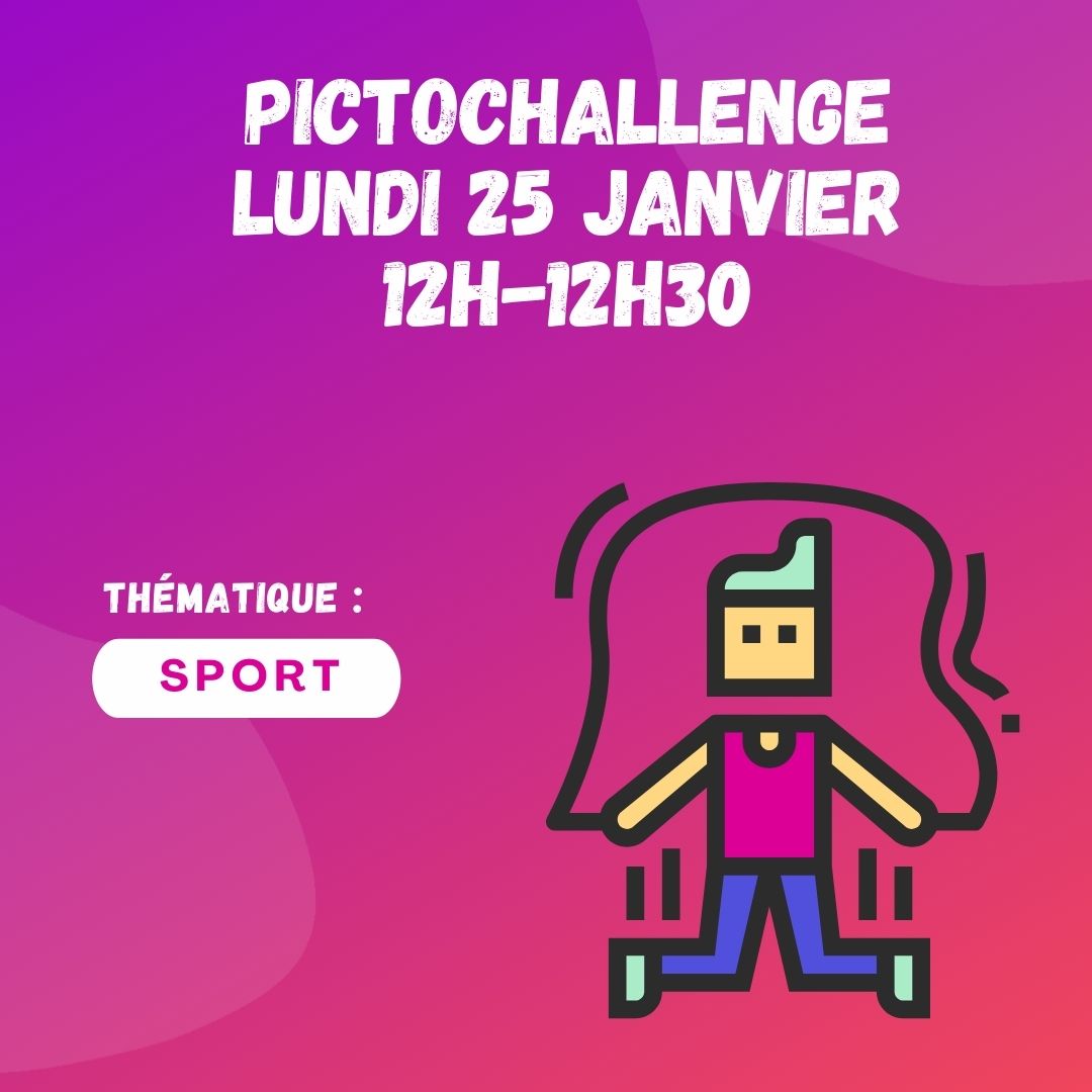 PictoDico's tweet photo. Prêt(e) à relever le challenge ? Avec le nôtre vous ne devriez pas trop transpirer (quoique) ! Rejoignez-nous le lundi 25 janvier sur Zoom à 12h. Tous les niveaux sont les bienvenus, ultra débutant comme expert. Pour vous inscrire : https://t.co/C8zGrnnWdH #PictoChallenge https://t.co/wJPCabqauo