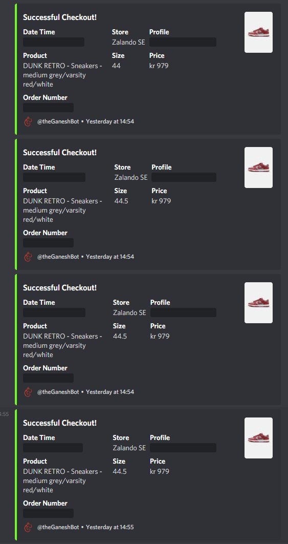 Zalando success thanks to <a href="/theGaneshBot/">GaneshBot</a> 

<a href="/MedusaProxies/">Medusa Proxies</a> and Nextproxies (<a href="/atmodev/">luca</a>)

<a href="/AutoSnkr/">AutoSnkr</a> <a href="/projectZtech/">Project Z</a>