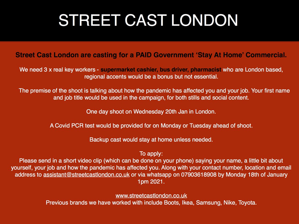 Looking for key workers in London who are bus drivers, supermarket cashiers or pharmacists for a government 'Stay at home' commercial. Email: assistant@streetcastlondon.co.uk #keyworkers #keyworker #busdriver #busdrivers #pharmacist #pharmacists #StayAtHome
