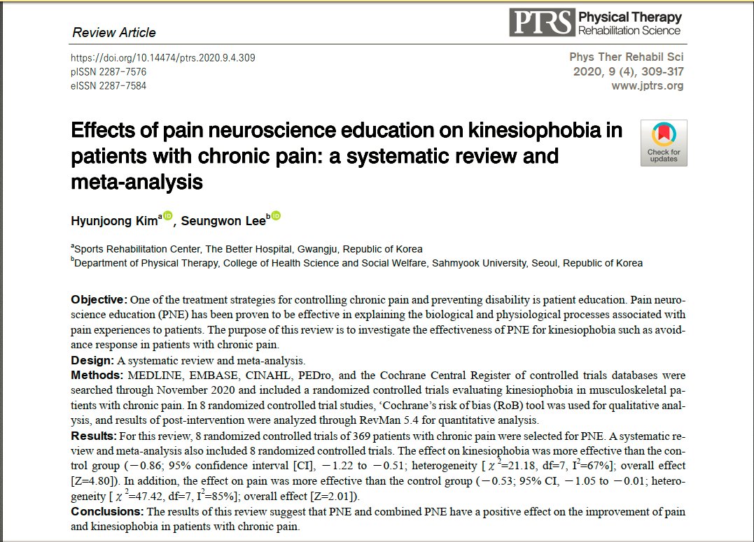 Effects of pain neuroscience education on kinesiophobia in patients with chronic pain: a systematic review and meta-analysis

👀👀👇👇

jptrs.org/journal/view.h…