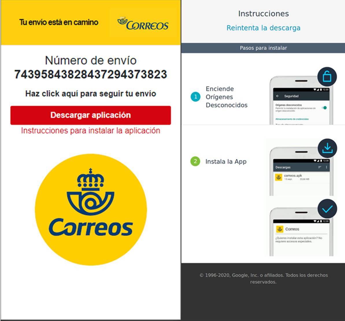 jazztel_es's tweet photo. ⚠️ALERTA PHISHING SMS⚠️
Hay una campaña de SMS suplantando el servicio de @Correos solicitando a los usuarios descargar una app maliciosa que contiene un malware que se instalaría en tu terminal. Comparte para que no afecte a más personas https://t.co/aYifAS6YTY @osiseguridad https://t.co/JAam6nF1JJ