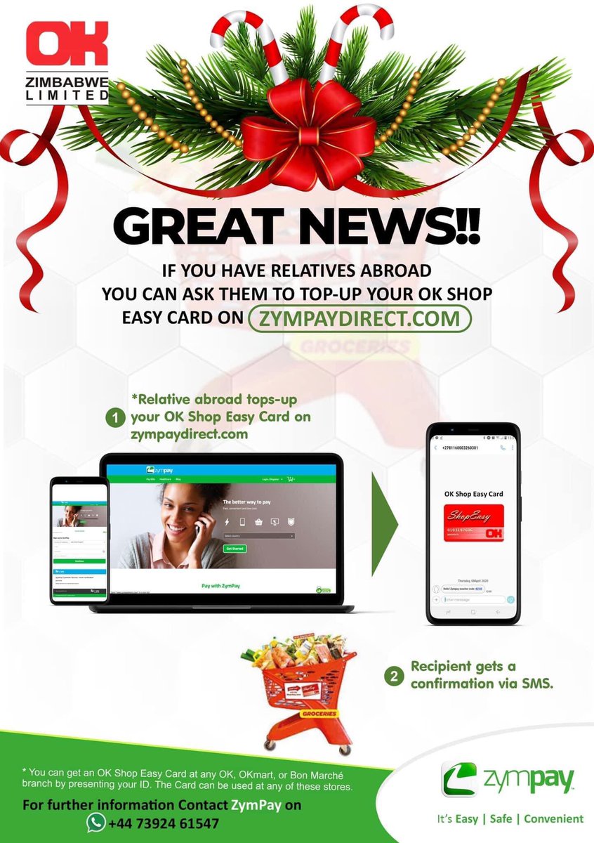 Zympay's tweet photo. Shop Easy Card! 

Buying groceries in Zimbabwe just got easier and more convenient! You can now buy groceries form OK Supermarkets for family and friends in Zimbabwe on https://t.co/9NxMSQqi9l. 

Top-up their Shop Easy Card from the diaspora. Its simple, quick and safe.

#zymit https://t.co/B04npJtNCk