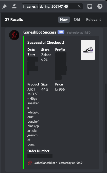 Total checkouts 10 with the help of @75kronor
Hook didn't catch all checkouts.

Also some Zalando checkouts from last night.
Under retail and discounted.

Thanks to
<a href="/theGaneshBot/">GaneshBot</a>
<a href="/BlankProxiesIO/">FOLLOW @BLANKPROXIES</a> 
<a href="/AutoSnkr/">AutoSnkr</a> 
<a href="/MedusaProxies/">Medusa Proxies</a>