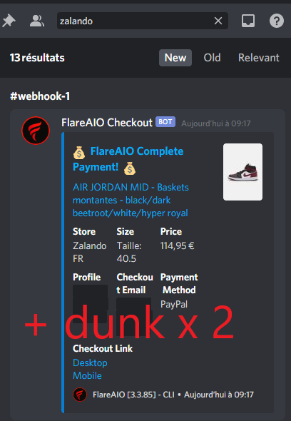 TrystanK2's tweet photo. The bot @FlareAIO and the proxies @NeptunProxies were there but Zalando FR don't like money, y'all know the feeling 😒 Not even 2 days with Flare btw https://t.co/DLVs7MFggr