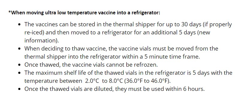wow.. just read thru Pfizer cold chain. 30 days after a facility receives, they have to move to fridge for max 5 days, then once mixed 6hrs! So 35 days or we throw it away!