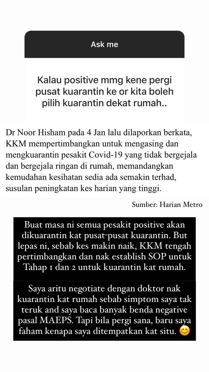 Boleh tak saya kuarantin kat rumah? Saya pun fikir benda yang sama aritu. Tapi bila dah pergi sana, baru saya faham.