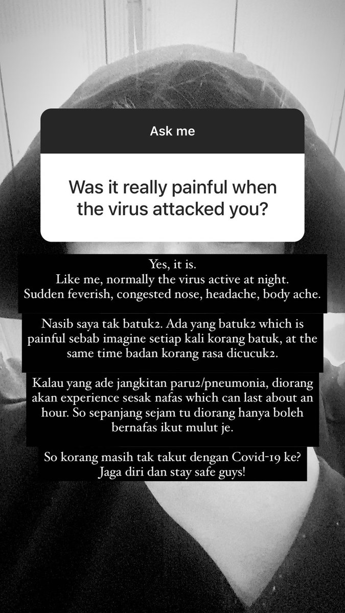 Sakit tak kena covid ni? Gila tak sakit. Saya yang tahap 1 ni pun boleh rase sakit. Itu baru sikit. Imagine yang tahap lagi tinggi camne. Jangan main-main guys.