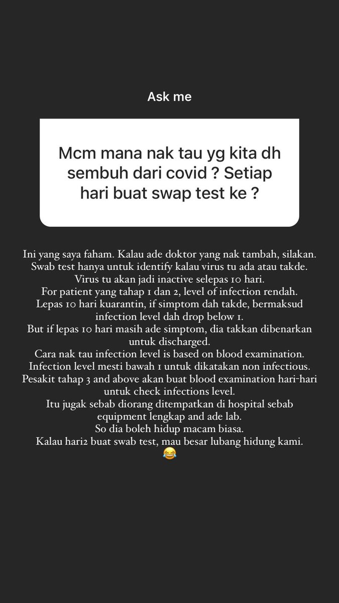 Discharge procedure. Kitorang bukan hari-hari kena swab test. Kitorang lepas discharged, masih boleh dijangkiti balik. So still kena jaga SOP and jaga diri.