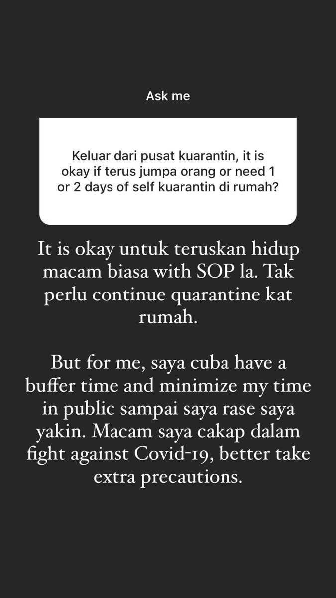 Discharge procedure. Kitorang bukan hari-hari kena swab test. Kitorang lepas discharged, masih boleh dijangkiti balik. So still kena jaga SOP and jaga diri.