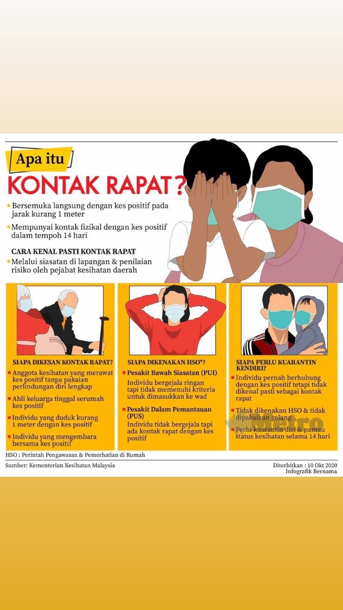 Apa maksud kontak rapat? Tak semestinya kau nampak orang tu dalam office, kau dikire kontak rapat. Hanya kontak rapat je kena buat swab test. Jenis-jenis swab test pun saya letak sekali.