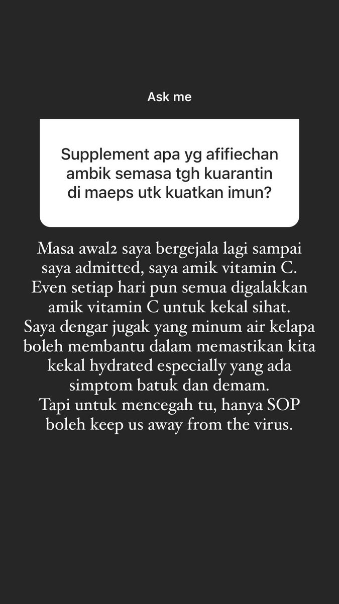 Supplement yang elok diambil. Kita tak boleh cegah dengan sebarang supplement. Kite boleh speed up recovery and jaga diri and SOP untuk pastikan kita tak dijangkiti.