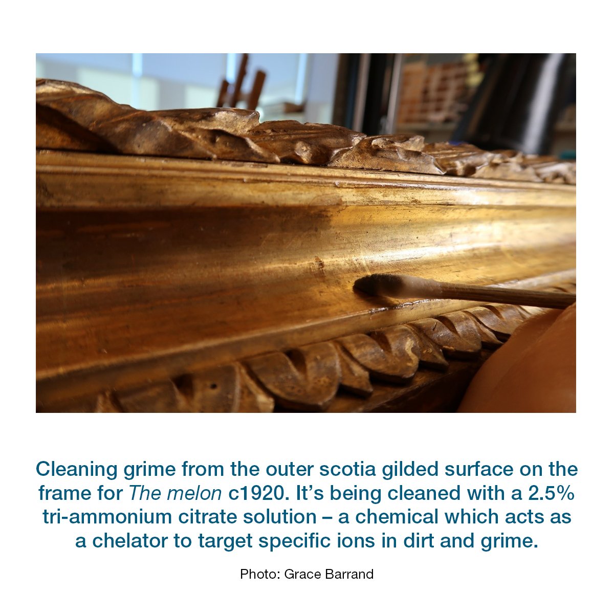 This frame is mostly made of timber. Dating of this frame is inconclusive, as there is a 1924 historical image of the painting – Arthur  #Streeton's 'The melon' – in a different frame.  #AGNSWConservation  #ArtConservation  #FrameConservation