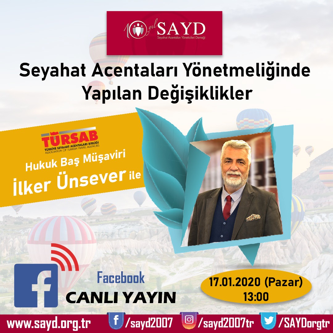 SAYD_tr's tweet photo. Yeni Seyahat Acentacılığı Yönetmeliğinde Neler Değişti?  17.01.2020 de Saat 13:00 da SAYD üyeleri soruyor Türsab Hukuk Baş Müşaviri İlker Ünsever Cevaplıyor. SAYD facebook sayfasından Canlı Yayını Takip Edebilirsiniz.
#SAYD #TÜRSAB https://t.co/WBYjvF6HnV