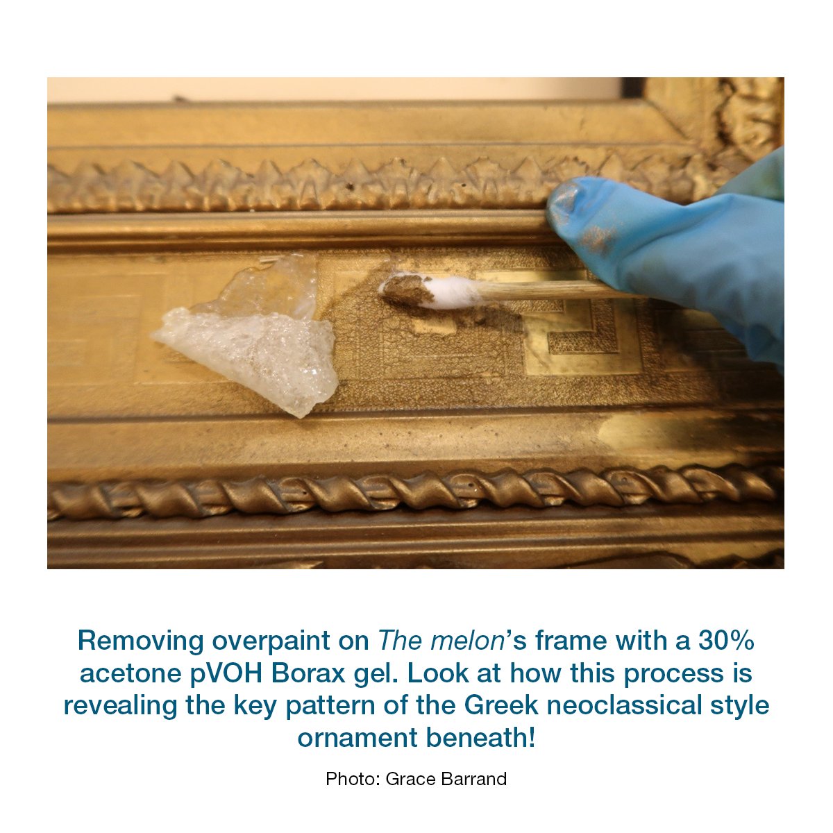 The technique used here, with gel and a dry swab, is helpful for sensitive surfaces as it prolongs exposure of the surface to the solvent in the gel, and reduces the need to agitate the surface.  #AGNSWConservation  #ArtConservation  #FrameConservation