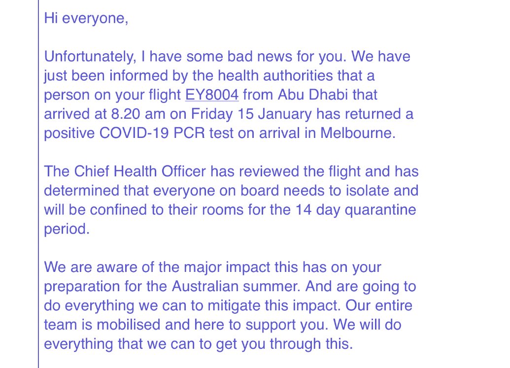 One person on the flight I was on from Abu Dhabi tested positive. So now everyone else who was on that flight has a 14 day quarantine where we are NOT allowed out our rooms. The same happened on one of the chartered flights from Los Angeles. 2 flights... so far https://t.co/3JfkjqETwu