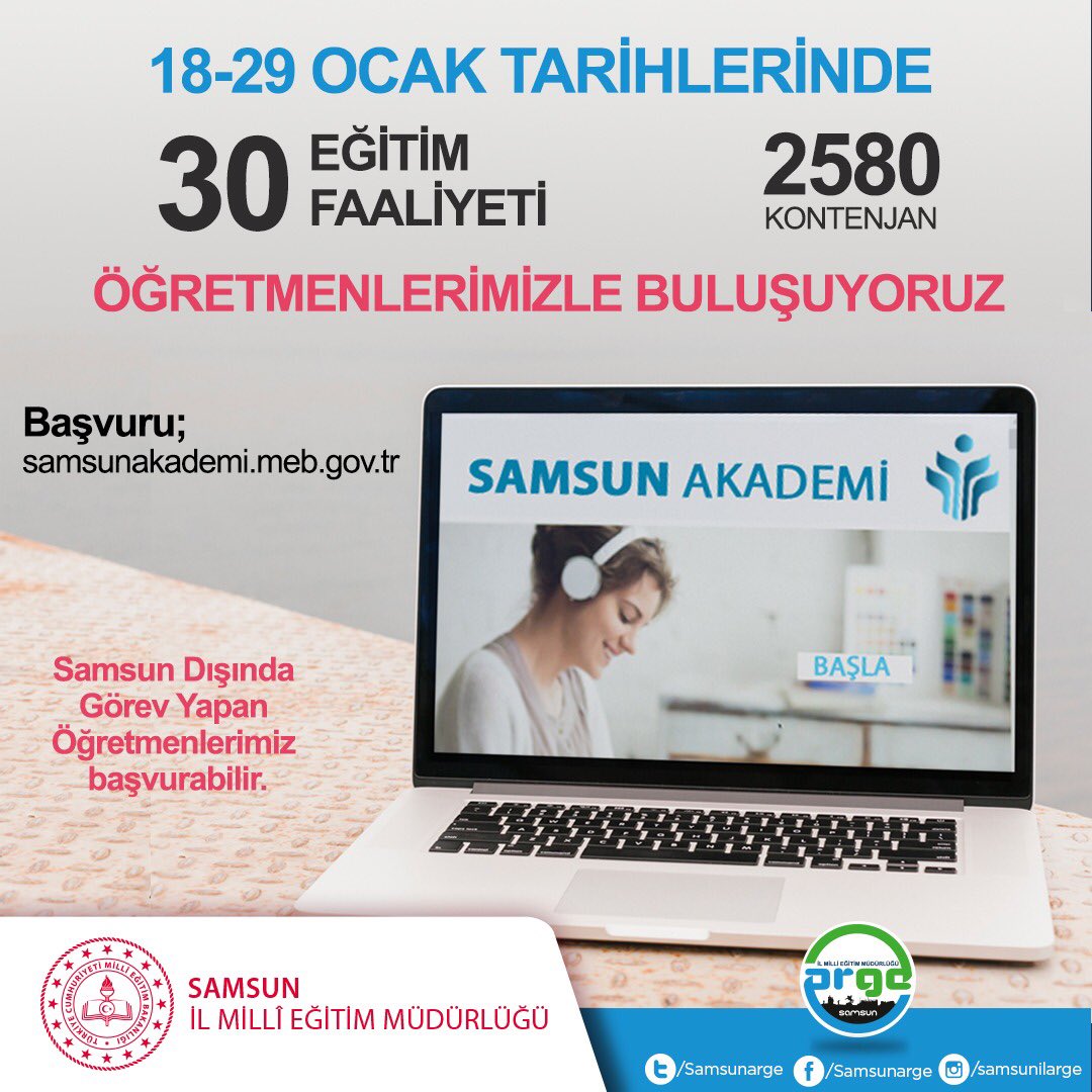 CoskunESEN57's tweet photo. 18-29 Ocak tarihlerinde birbirinden farklı konular ve eğitimlerle öğretmenlerimizle buluşacağız. Tüm öğretmenlerimizi eğitimlerimizden faydalanmaya davet ediyorum. #SamsunAkademi 
@ziyaselcuk @zulkifdagli @adnanboyaci https://t.co/eMeK3DaGOK