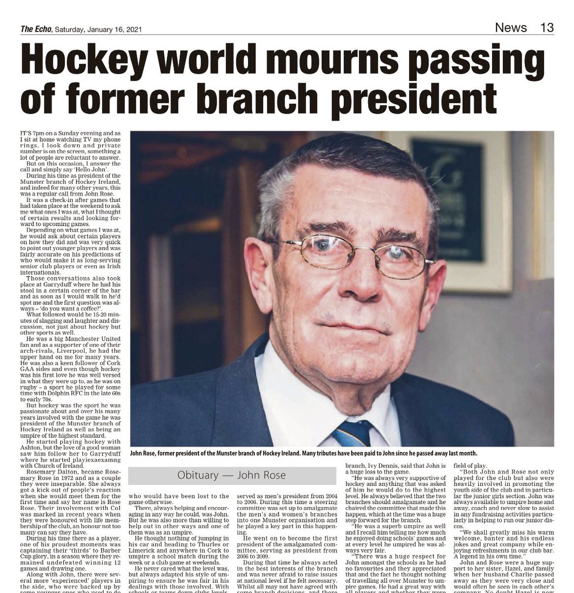 RnRor's tweet photo. Tribute to John Rose in today’s The Echo @CorkCofI @UCCMHC @Munster_Hockey @irishhockey @AshtonHockey https://t.co/WkeRrZEjms