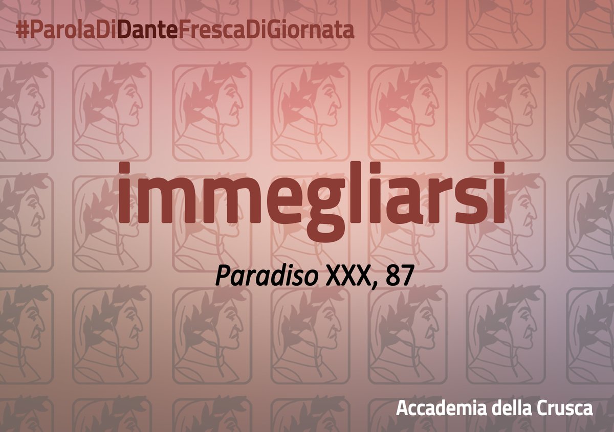 #ParolaDiDanteFrescaDiGiornata 🌿📕 
immegliarsi 
(Paradiso, XXX, 87) 

"come fec'io, per far migliori spegli
ancor de li occhi, chinandomi a l'onda
che si deriva perché vi s'immegli [...]"

#accademiadellacrusca #dante #dante700 #dante2021