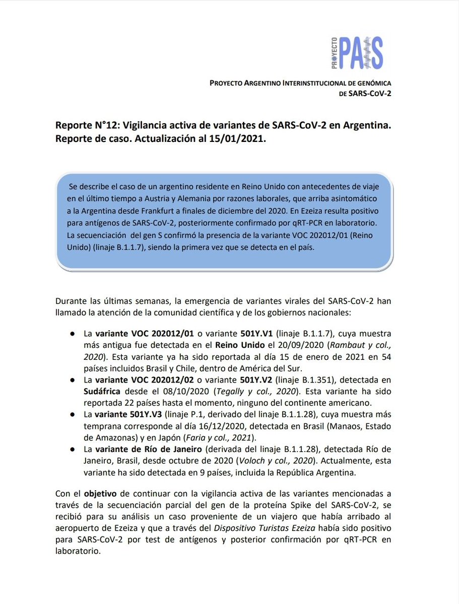 RCSalvarezza's tweet photo. El Consorcio interinstitucional para la Secuenciación del genoma y estudios genómicos de SARS-COV-2, creado por @ciencia_ar, detectó en un viajero proveniente del exterior la variante del SARS-CoV-2 del Reino Unido. Ya se ha informado a las autoridades sanitarias. https://t.co/EiTGe0IwP2
