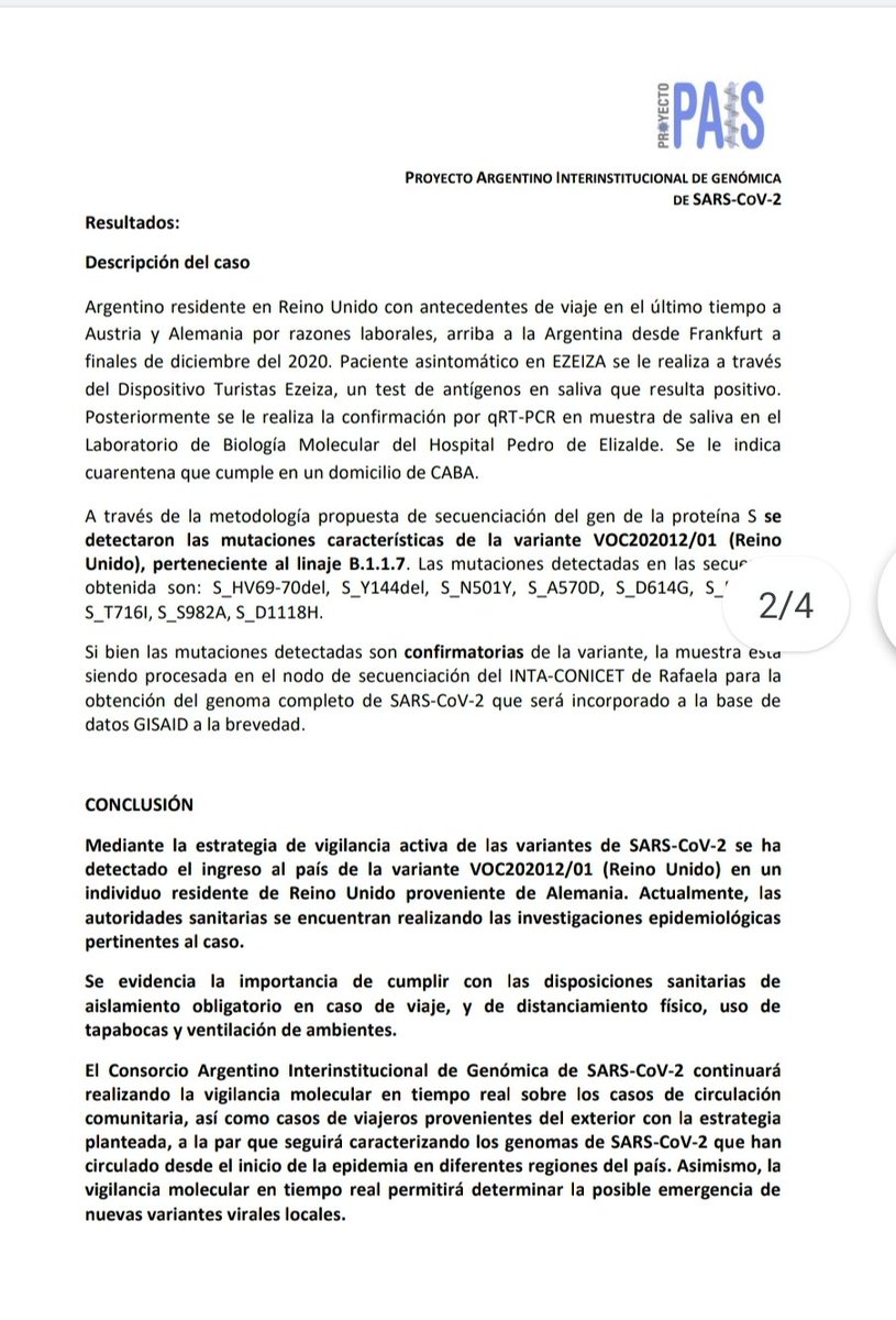 RCSalvarezza's tweet photo. El Consorcio interinstitucional para la Secuenciación del genoma y estudios genómicos de SARS-COV-2, creado por @ciencia_ar, detectó en un viajero proveniente del exterior la variante del SARS-CoV-2 del Reino Unido. Ya se ha informado a las autoridades sanitarias. https://t.co/EiTGe0IwP2