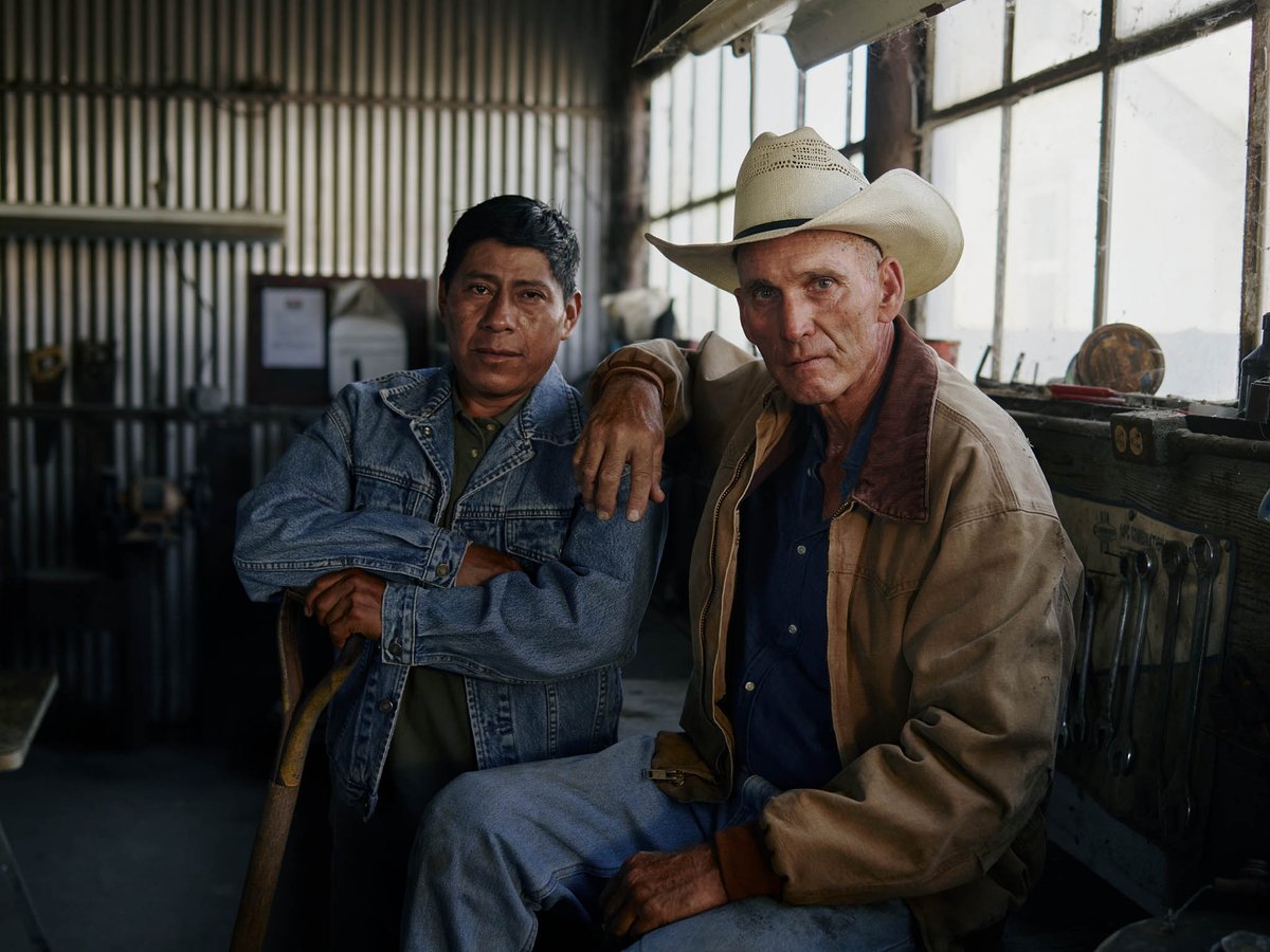 Peach and plum farmers Bob Renwick and Vicente Lopez. Berberian Farm, Reedley, California.