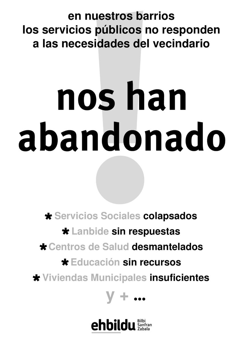 ehbildubilbo's tweet photo. ❌Desde EH Bildu de Bilbi, SanFran y Zabala hemos puesto en marcha una campaña para denunciar el abandono de nuestros barrios.

📣En estos momentos, necesitamos más que nunca reforzar los servicios públicos al servicio de los barrios. #JendeaBabesteko https://t.co/gtDPfzj1Sf