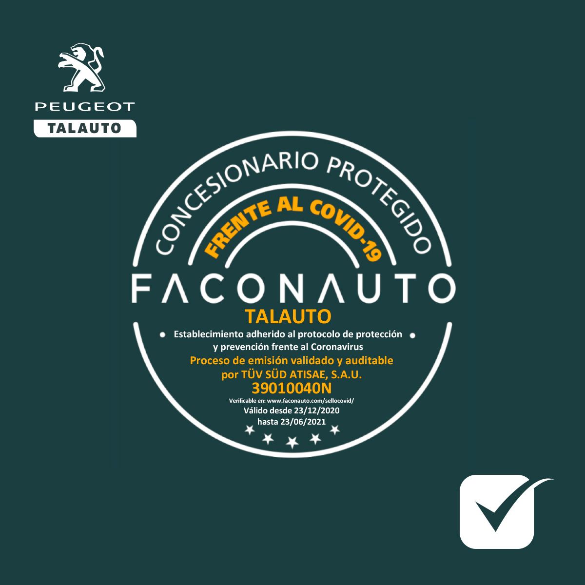 Talauto's tweet image. En TALAUTO PEUGEOT, hemos renovado la certificación de FACONAUTO CONCESIONARIO PROTEGIDO FRENTE AL COVID-19.

Más info: buff.ly/3ql8ySw