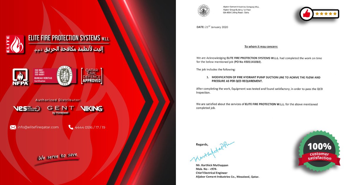 As a fire protection contractor, we have earned the trust and confidence of our growing clientele in Qatar. This serves as an inspiration to maintain the high quality of our work to serve our clients better. #WeServeToSave #qatar #feedback #customerservice #qatarprojects