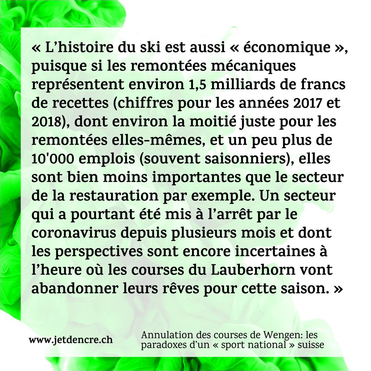 ⛷ Les mythiques courses de ski de Wengen devaient débuter ce vendredi. Mais en raison du coronavirus, le Lauberhorn n'accueillera pas le gratin du ski alpin mondial cette année.

🐙 Le texte de Grégory Quin: jetdencre.ch/annulation-des…