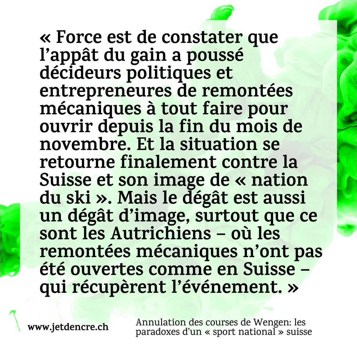 ⛷ Les mythiques courses de ski de Wengen devaient débuter ce vendredi. Mais en raison du coronavirus, le Lauberhorn n'accueillera pas le gratin du ski alpin mondial cette année.

🐙 Le texte de Grégory Quin: jetdencre.ch/annulation-des…