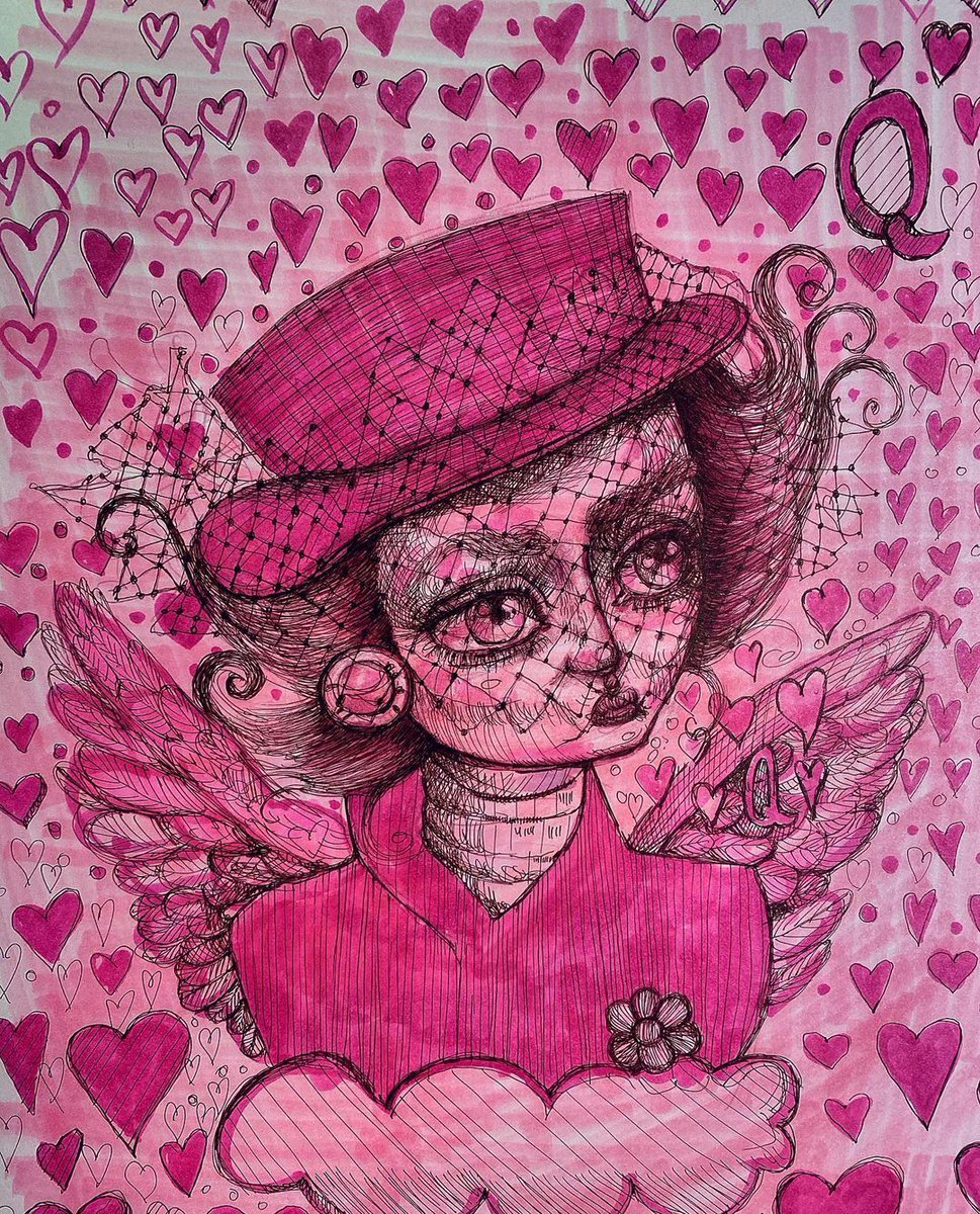 BeautifulBzarre's tweet photo. In the spirit of Valentine's Day and Princess Diana, @opal_unicorn1 has created "The Queen of Hearts"... and it's just lovely. 
⁣...
#beautifulbizarre #opalunicorn #lowbrowart #bigeyeart #popsurrealism #mixedmedia #pink #valentinesday #princessdiana #drawing https://t.co/Dfy0y2aoQp