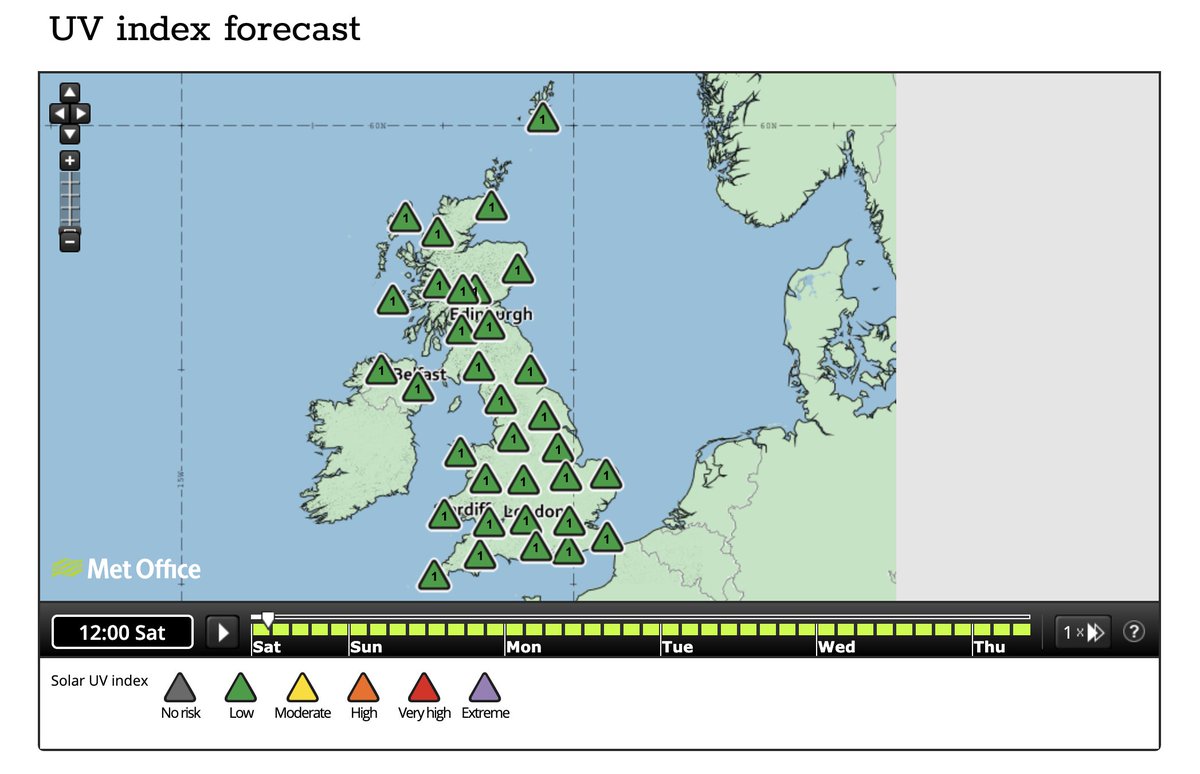 2/This is today's UV forecast from the Met OfficeIt's a sunny day and we hit a UV index of......drum roll...ONE https://www.metoffice.gov.uk/public/weather/uv-index-forecast/#?tab=map&map=MaxUVIndex&zoom=5&lon=-4.00&lat=55.71&fcTime=1610755200