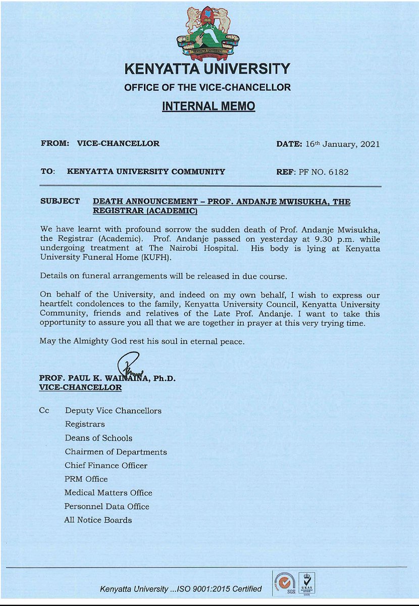 KenyattaUni's tweet photo. DEATH ANNOUNCEMENT - PROF. ANDANJE MWISUKHA, THE REGISTRAR (ACADEMIC) https://t.co/rrCxSuNmmH