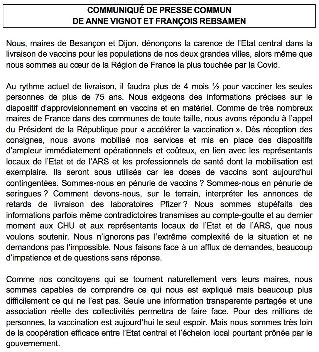 La carence de l’Etat central dans la livraison de #vaccins #COVID19 pour les populations de #Dijon et #Besançon dépasse l’entendement. Nous souhaitons une information transparente et des explications !