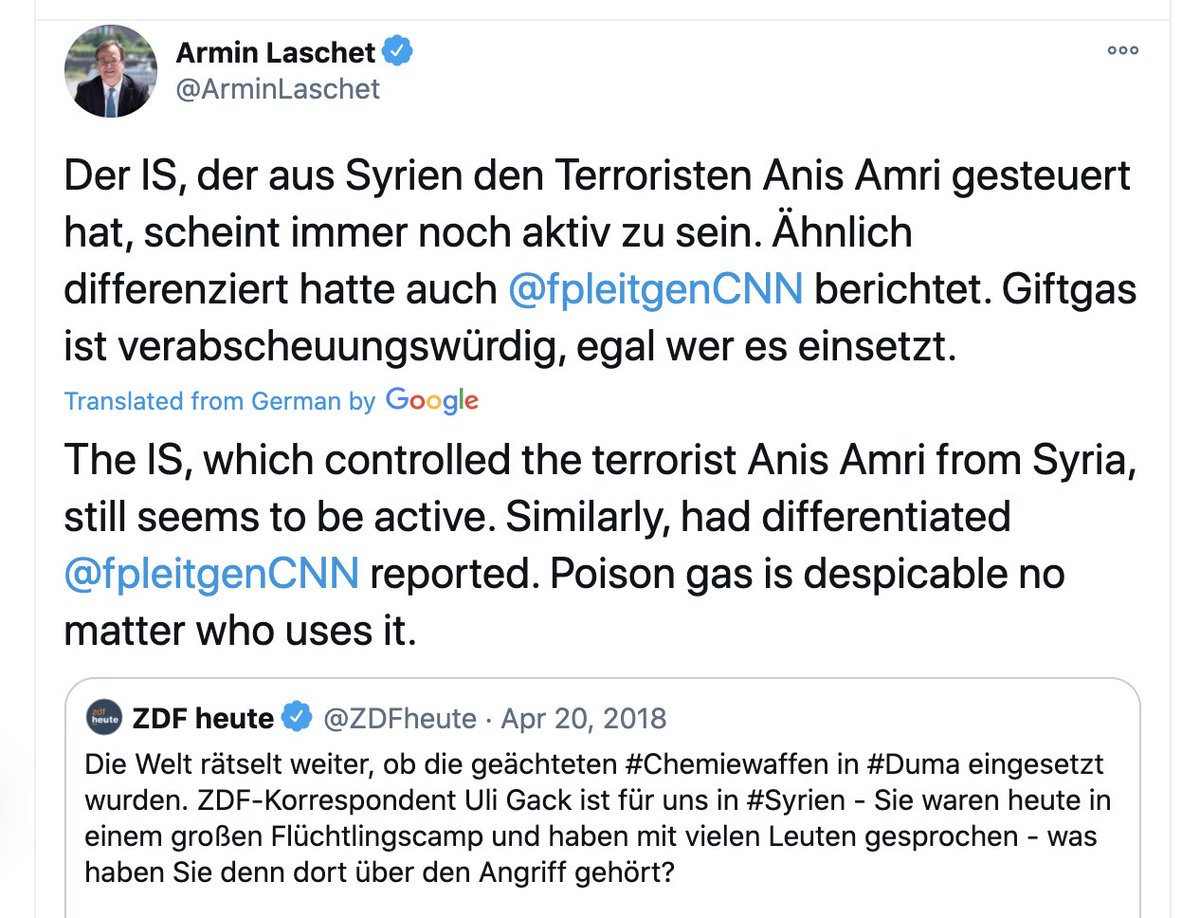 When the  #Assad regime gassed another 49 humans to death in April 2018, Laschet blamed the "Islamic State" for the attack without any evidence.