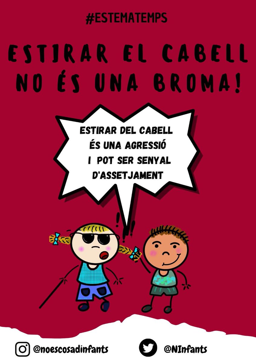 NInfants's tweet image. Estirar del cabell a un company o una companya no és una broma, pot ser un indici d’assetjament escolar.

Davant aquests comportaments:
👉Detecta
👉Actua
👉Atura
#estematemps #assetjamentescolar #stopbullying