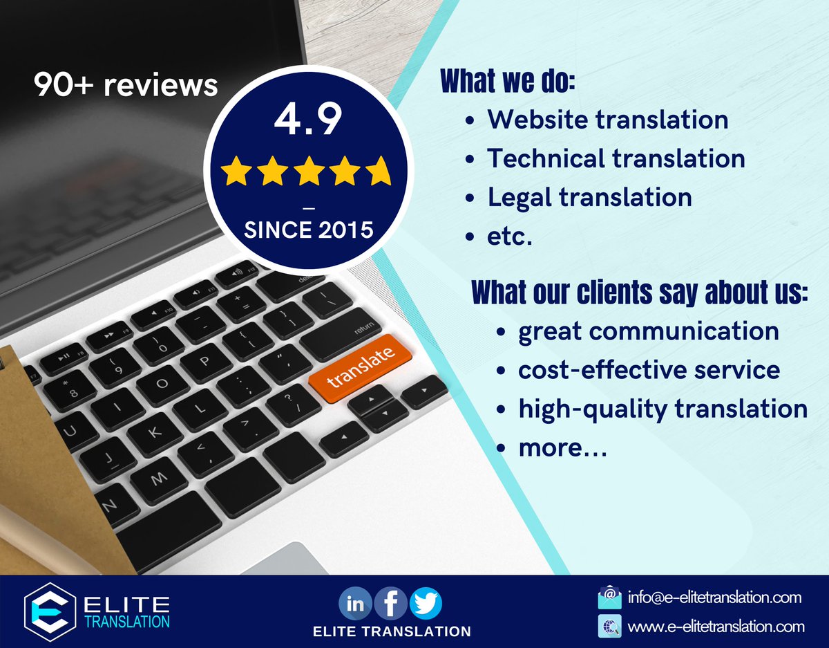 translate_elite's tweet photo. Check out all our clients' reviews on:
> Facebook Page: https://t.co/CPWp2hjuO0
> Google Business: https://t.co/bz3Ljcux3t

...........................
CONTACT US:
☎️ 092 22 44 10 / 016 22 44 10
📩 info@e-elitetranslation.com
🌐 https://t.co/eJ2fTvfnDc
📍 https://t.co/bz3Ljcux3t https://t.co/rxkCq6ch2v