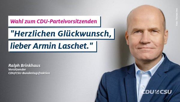 Im Namen der gesamten <a href="/cducsubt/">CDU·CSU</a>  gratuliere ich <a href="/ArminLaschet/">Armin Laschet</a> sehr herzlich zur heutigen Wahl. Wir freuen uns auf die Zusammenarbeit mit dem neuen Vorsitzenden - und wünschen ihm eine glückliche Hand und Gottes Segen. #cdupt21