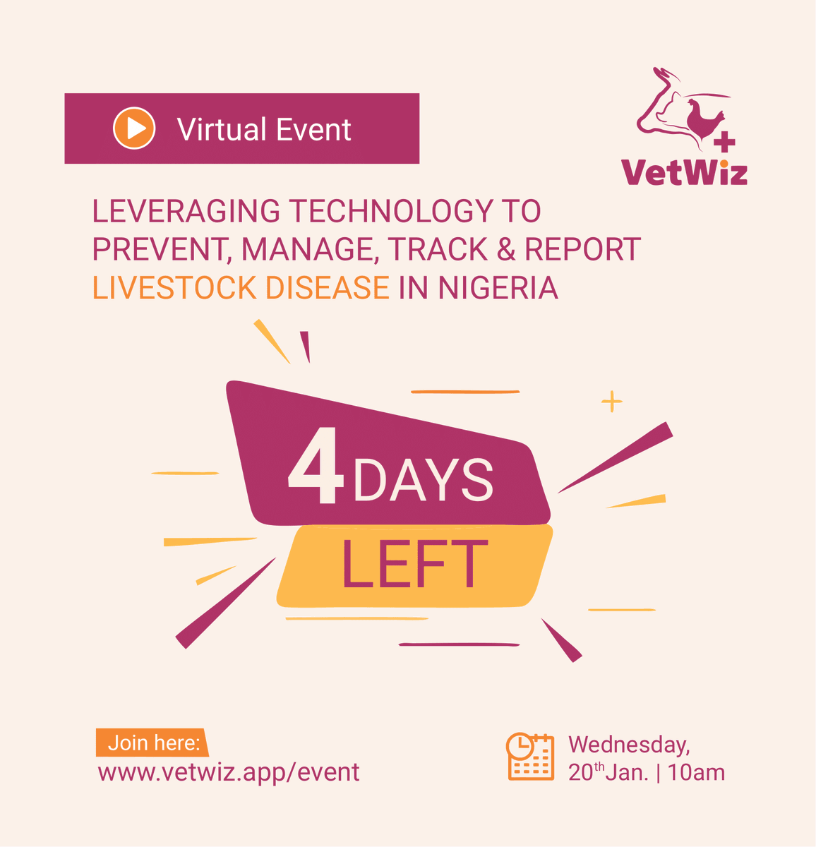 VetwizA's tweet photo. We are so excited about our upcoming webinar and we cannot wait to have you join us.
#tech4good #ict4dev #agtech #agritech #naijastartups #startupnaija #veterinarytechnology #animalscience #livestockscience #healthtech #mobileapps #agriculture #sdgs #diseasesurveillance #ict4d https://t.co/aOH1SIqHS5