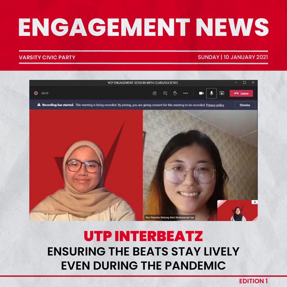 VCPUTP's tweet photo. π€π» VCP Engagement with UPAG and Interbeatz π€π»
Varsity Civic Party had a fruitful engagement with :
1. UTP Performing Arts Group (UPAG)
2. Interbeatz
Thank you and all the best UPAG and Interbeatz!
#VCPUTP
#InVCPWeTrust
#UTPElection2021 https://t.co/B7GbYHpdAe