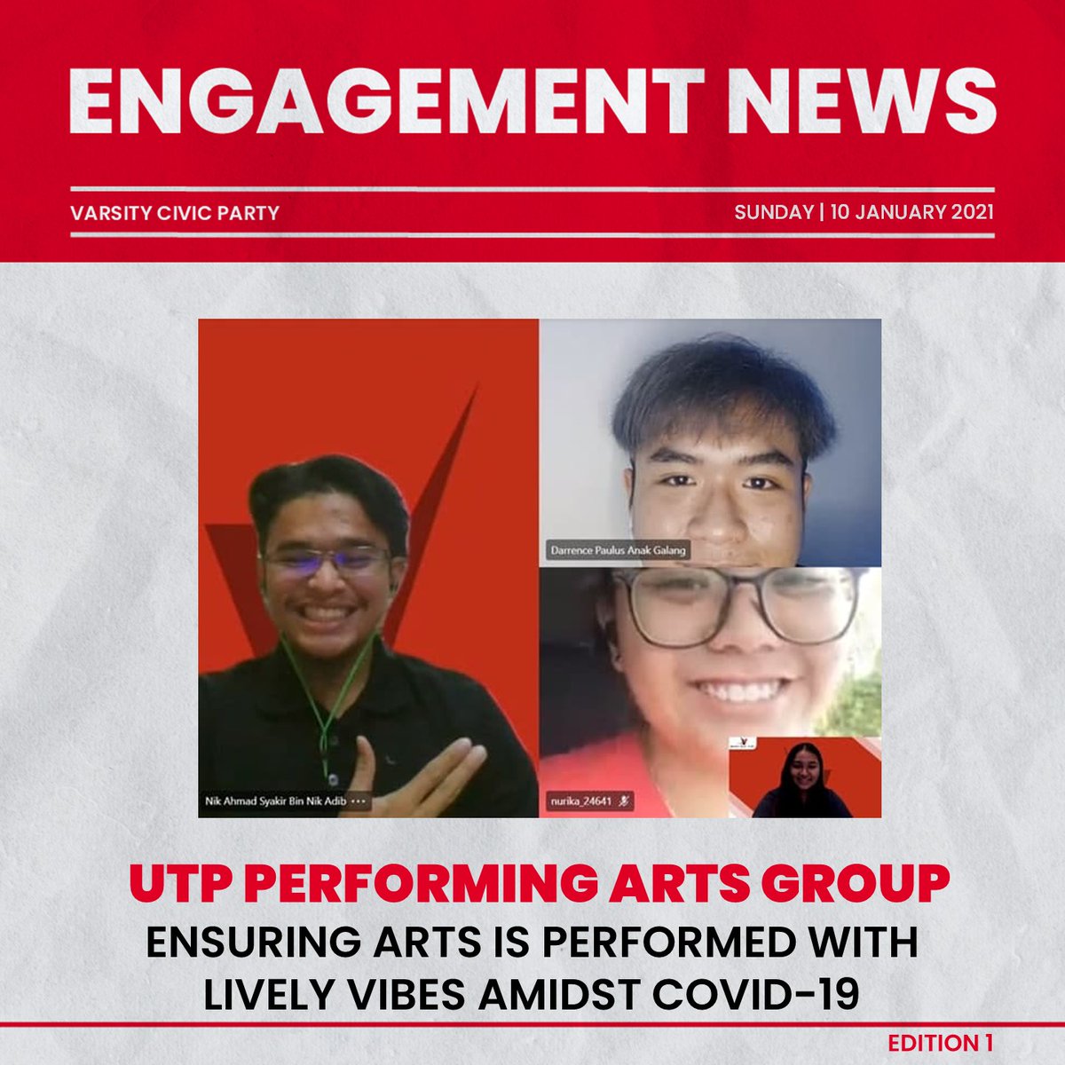 VCPUTP's tweet photo. π€π» VCP Engagement with UPAG and Interbeatz π€π»
Varsity Civic Party had a fruitful engagement with :
1. UTP Performing Arts Group (UPAG)
2. Interbeatz
Thank you and all the best UPAG and Interbeatz!
#VCPUTP
#InVCPWeTrust
#UTPElection2021 https://t.co/B7GbYHpdAe