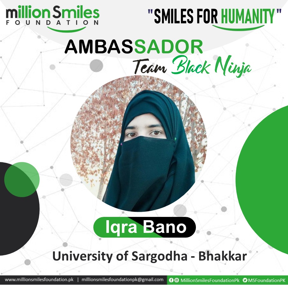 MSfoundationPK's tweet photo. Dreams don't work, unless you do!

Million Smiles Foundation is proud to announce Ms. Bakhtawar Abid, Ms. Iqra Bano, Ms. Sidra Sheraz and Ms. Hafsa Rasool our AMBASSADORS of "Smiles for Humanity" as "Team BlackNinja".

#MillionSmilesFoundation  #SmilesForHumanity #TeamBlackNinja https://t.co/x0bzGSgM0s