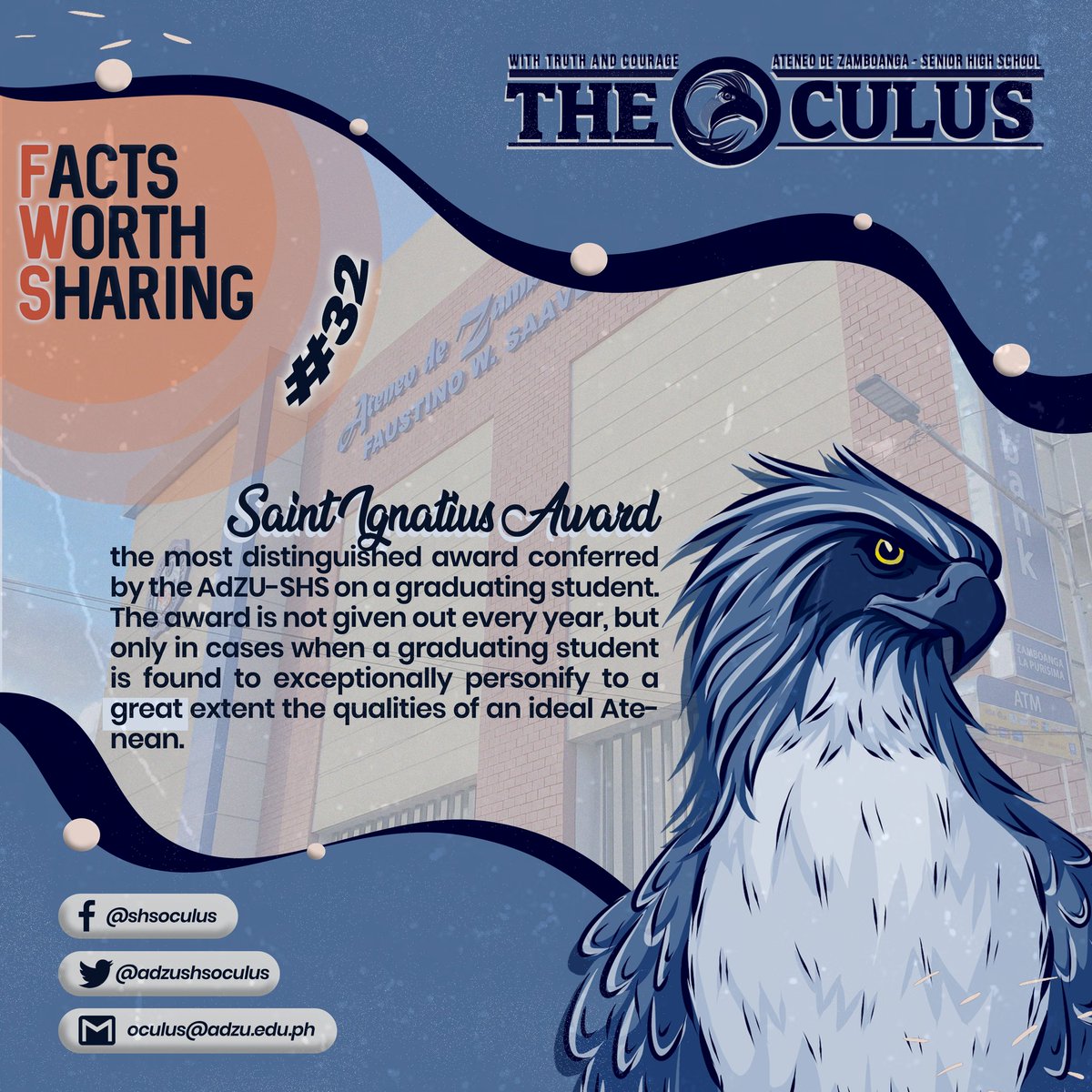 adzushsoculus's tweet photo. Here is AdZU FWS #32!   

What award/s an Atenean SHS can achieve during Recognition Day?

Also on Facere: 

BC Comics (Broadcast Caricatures: Comics) 
- 1st and 3rd Wednesdays, 8pm

MPCC (Memorabilia: Photo Creatives Corner)
- 2nd and 4th Wednesdays, 8pm (1/2) https://t.co/kfxqzBaL8o