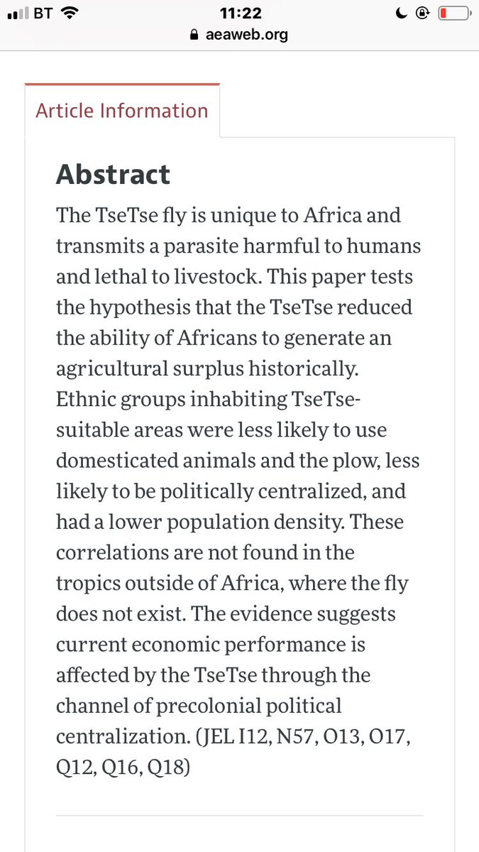 Gregsatwat's tweet photo. Can we not entertain thoughts/ideas without dismissing them because they go beyond our understanding? Complex issues have more than one factor that contribute. Here’s the abstract to the original paper- ‘the effect of the tsetse fly on African development’ https://t.co/mMgFahMIKI