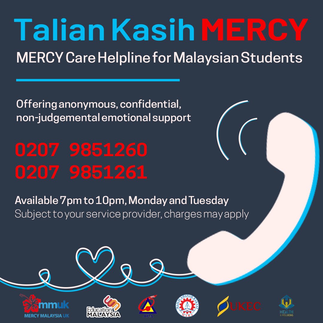 UKEC's tweet photo. Whether you need emotional support or even someone to talk to, MERCY Malaysia UK is launching their MERCY Care Helpline for Malaysian students in the UK to provide anonymous and confidential support!
It’s never too late to reach out for help.
#HeyItsOk #KitaJagaKita https://t.co/Sg4QT17TBP