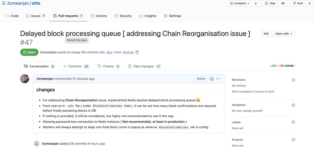 meanjanroy's tweet image. Some improvements made in `ette` : EVM Blockchain Indexer with real-time subscription functionality 🤩

PR : github.com/itzmeanjan/ett… [ New release coming soon 🦾 ]

#Blockchain #Ethereum #delayedprocessing #redis