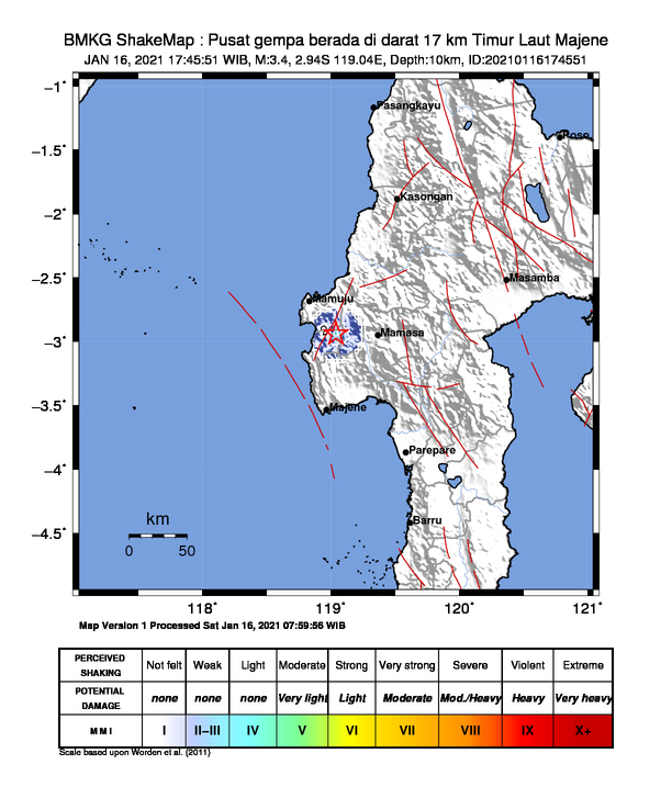 infoBMKG's tweet photo. #Gempa Mag:3.4, 16-Jan-21 17:45:51 WIB, Lok:2.94 LS, 119.04 BT (Pusat gempa berada di darat 17 km Timur Laut Majene), Kedlmn:10 Km Dirasakan (MMI) II Majene #BMKG https://t.co/upzx9kHFHv