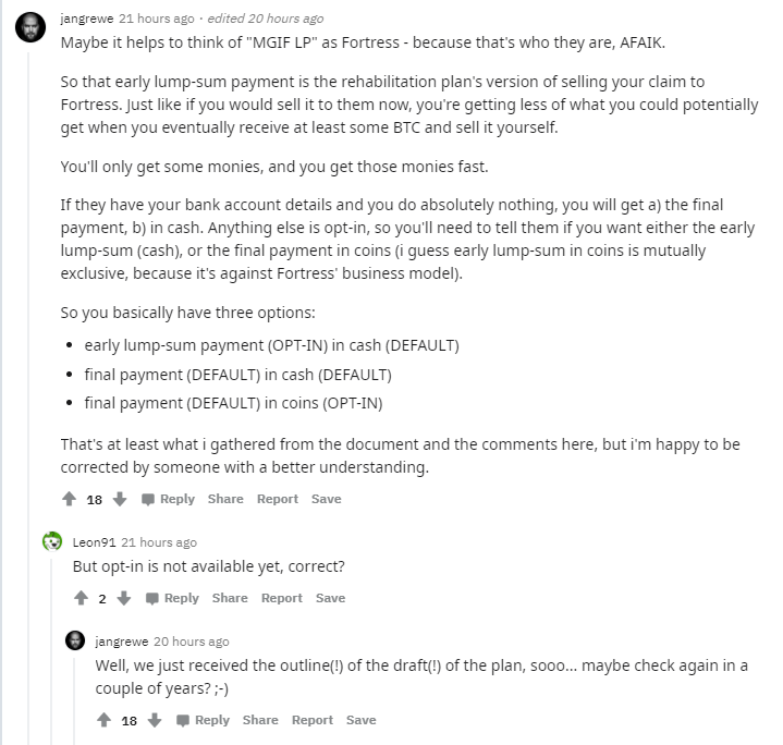 Now for the people that aren't happy with that and don't opt-in on the early lump-sum payment and want more money back there are 2 more options. They can wait until everything is settled and get a final payment which by default is in cash. Or they can opt-in to get coins back.