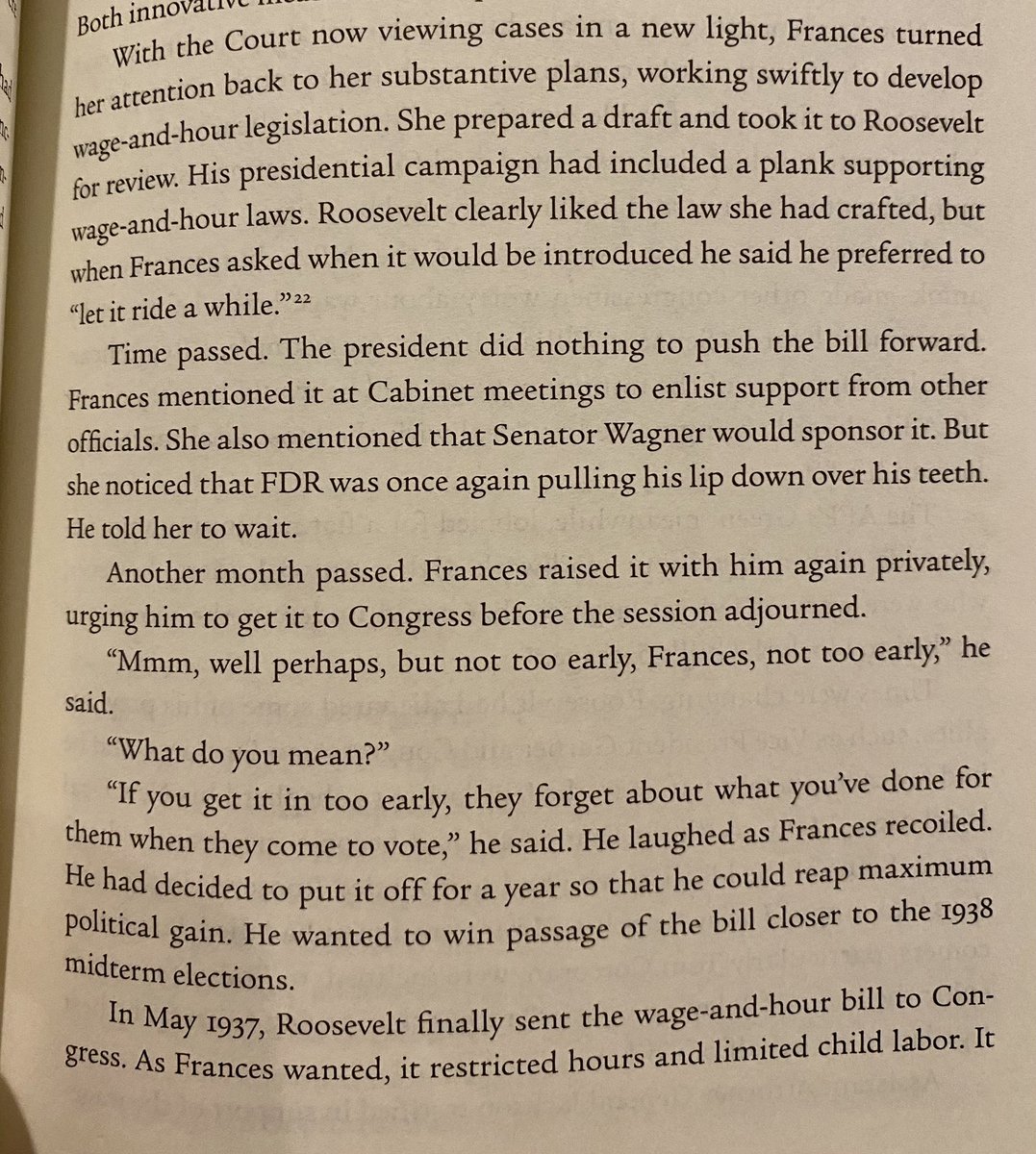 oooh, got to part of the book on fight for a national minimum wage (so called hour-wage law since also limited work hours) ... first attempt early in New Deal was struck down by a Supreme Court ... after later win on Social Security and unemployment insurance, Perkins tried again